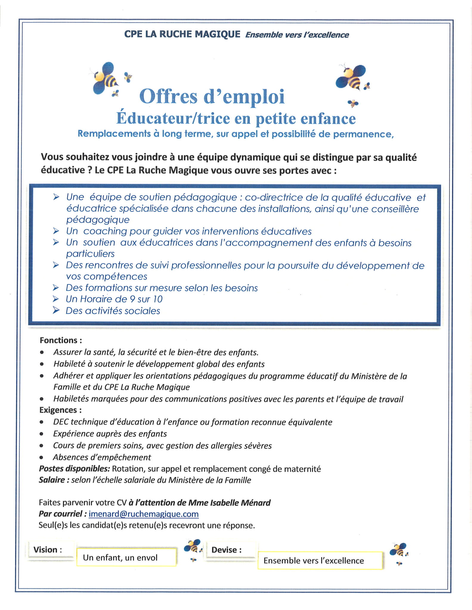 Offre d'emploi - Recherche personnel éducateur - CPE la Ruche Magique
